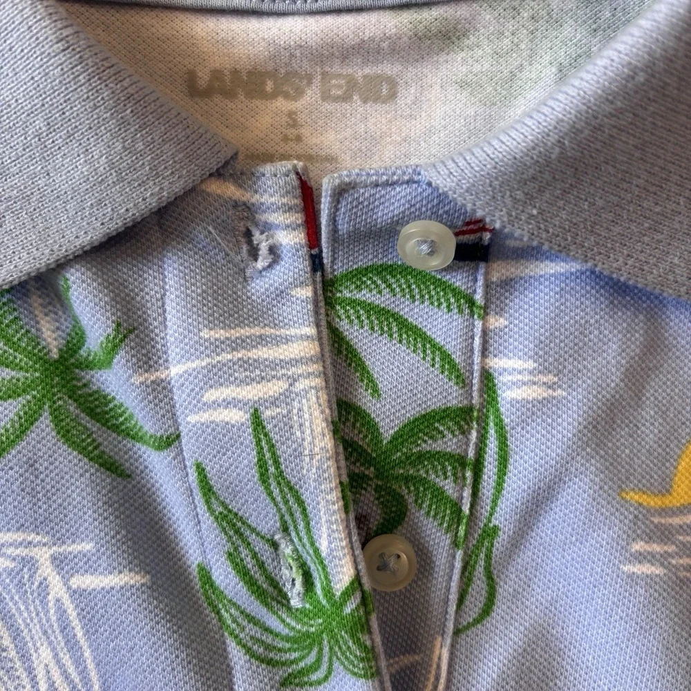 Lands End Shirt Women S Blue Sailboat‎ Palm AOP Short Sleeve Stretch Golf Polo